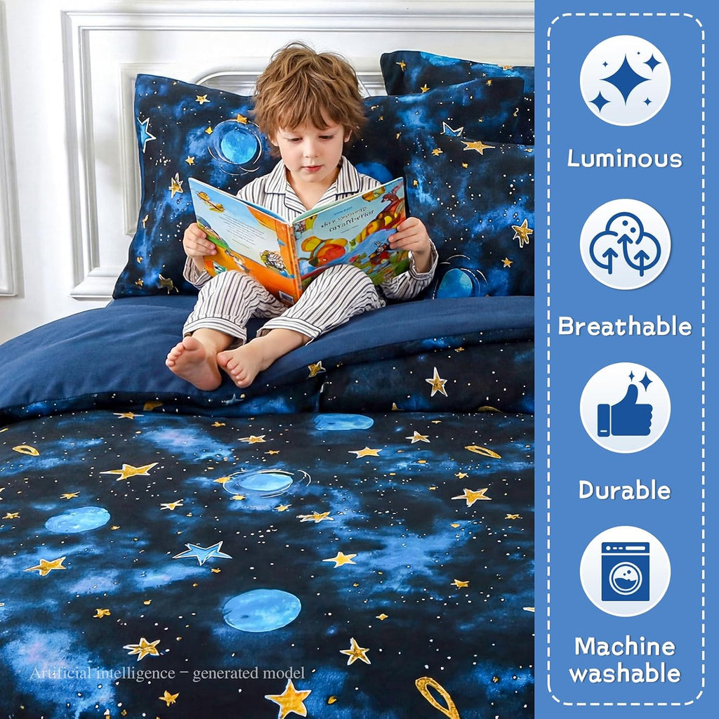 Kids Comforter Sets Twin for Boys, Glow in The Dark Blue Starry Sky Space Bedding Set 3 Pieces - Boy Soft Bed Set - Set of 3