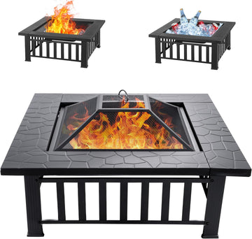 32 inch Fire Pit, Square Outdoor Fire Pit Table with Spark Screen & Fire Poker