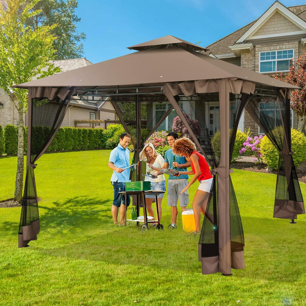 Outdoor Gazebo 10x10 Gazebos on Clearance with Netting, Waterproof Canopy Tent with Heavy Duty Party Tent Steel Frame