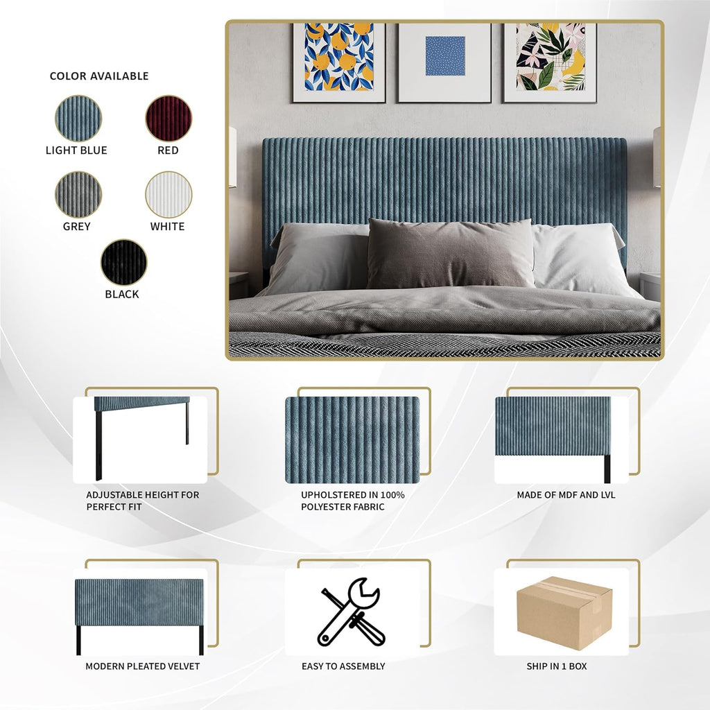 Queen Corduroy Velvet Upholstered Adjustable Headboard, Grey