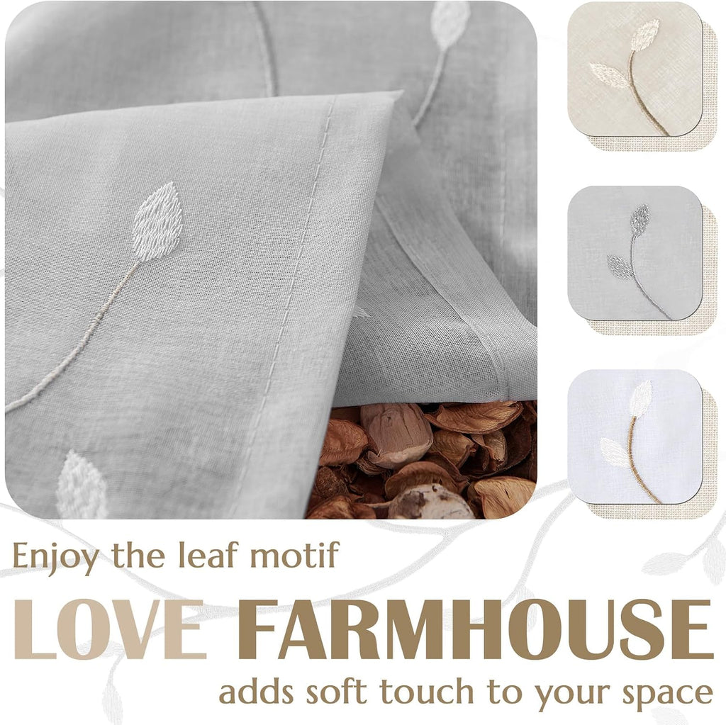 Linen Valance Sheer Double Layer Kitchen Window Curtain Leaf Embroidered Valance for Living Room Cafe Farmhouse Light