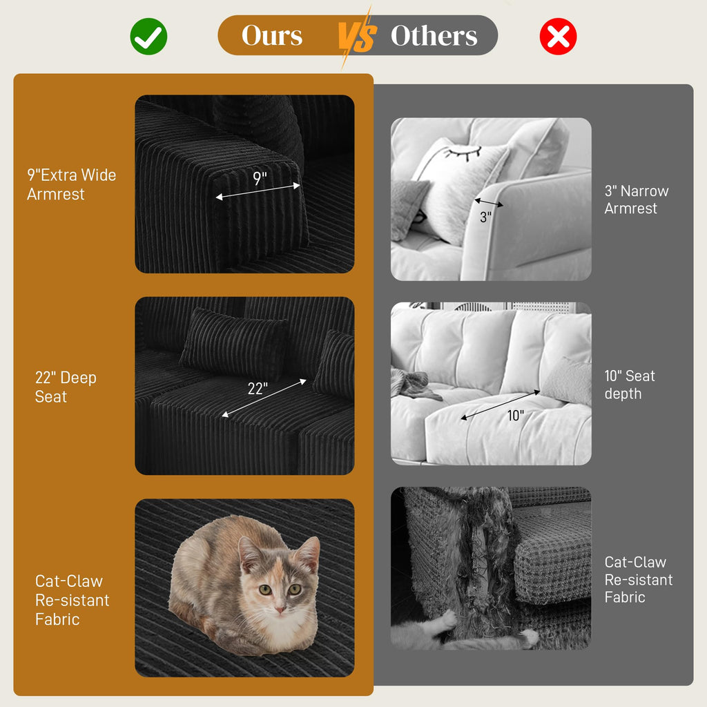 108" Boneless Cloud Sectional Couches, Comfy Fluffy L Shaped Memory Foam Deep Seat Boneless Couch, Modular Sectional