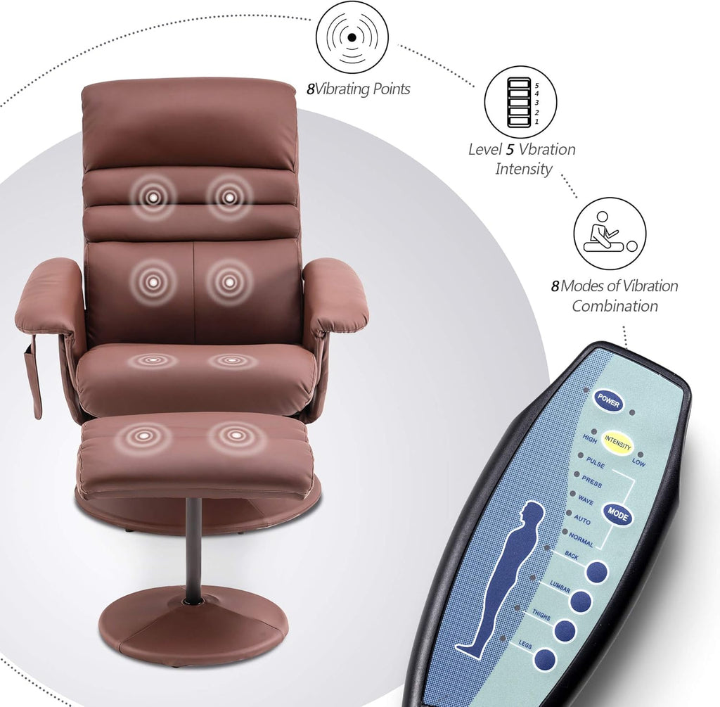 Modern Reclining Swivel Lounge Chair and Ottoman — Brown Faux Leather