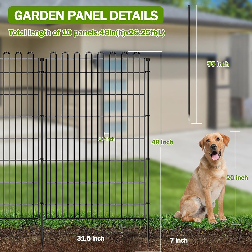 10 Panels No Dig Decorative Garden Fence with Gate for Yard, 48 in(H) X 26.25 ft(L) Animal Barrier Fencing for