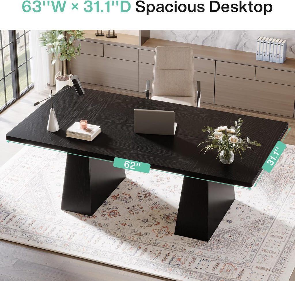 63-Inch Executive Desk, Large Office Computer Desk with Double Pedestal