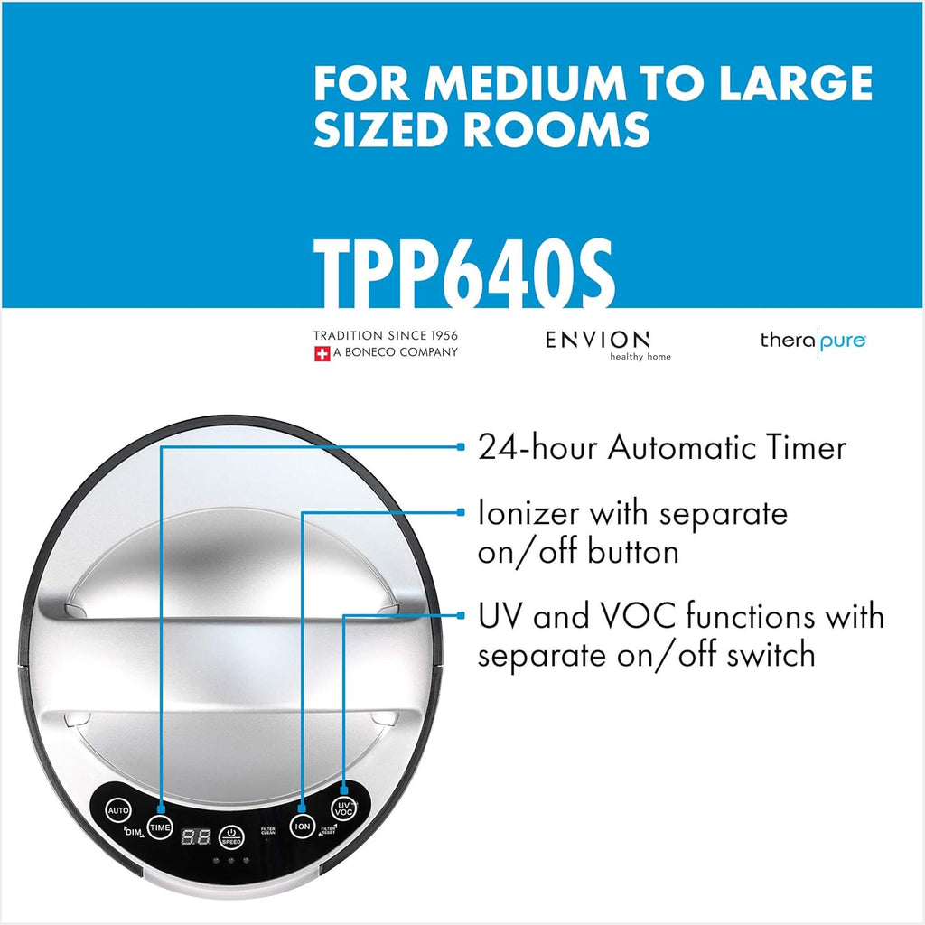 Therapure TPP640 Air Purifier Tower with Air Sensor, Handle, and Remote Control (Black)