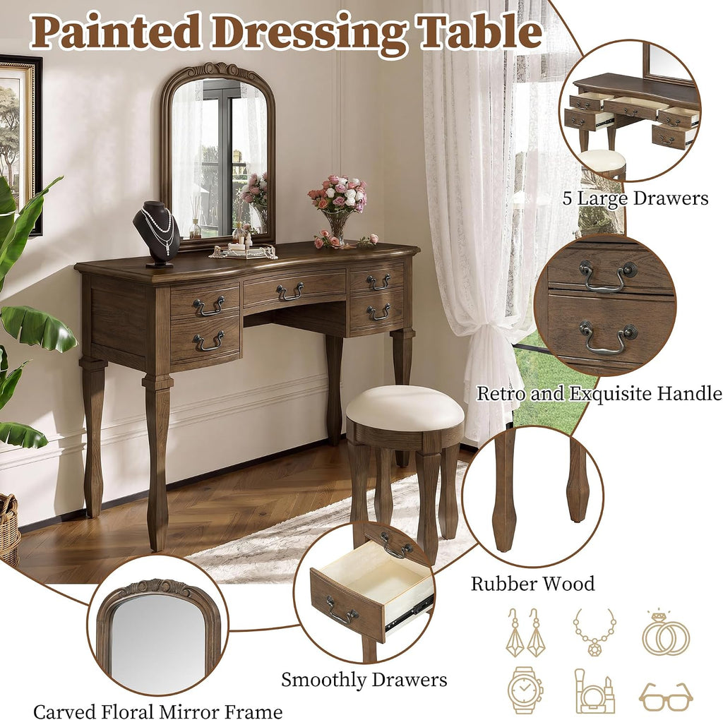 46" Vintage Vanity Desk with Curved Flower Frame Mirror, Wood Dressing Table with Storage, 5 Drawers, Makeup Vanity