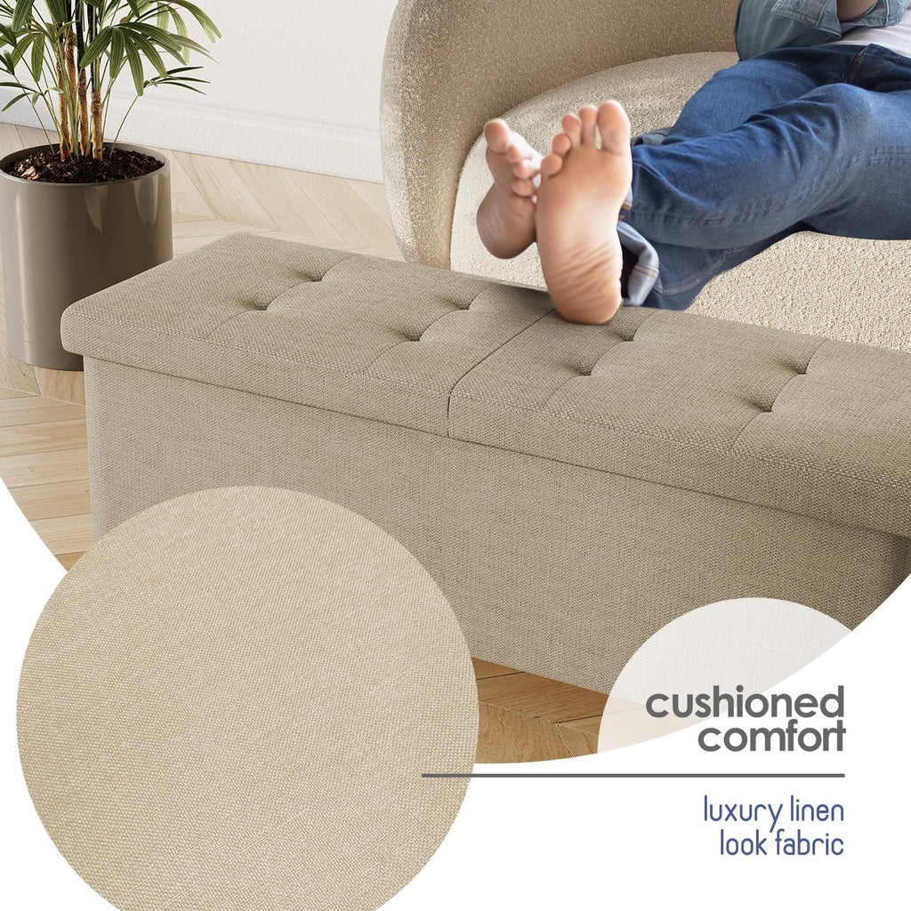 Storage Ottoman Bench with Bins, 43-in Storage Bench End of Bed, Folding Foot Rest Ottoman Max 660lbs, Fabric