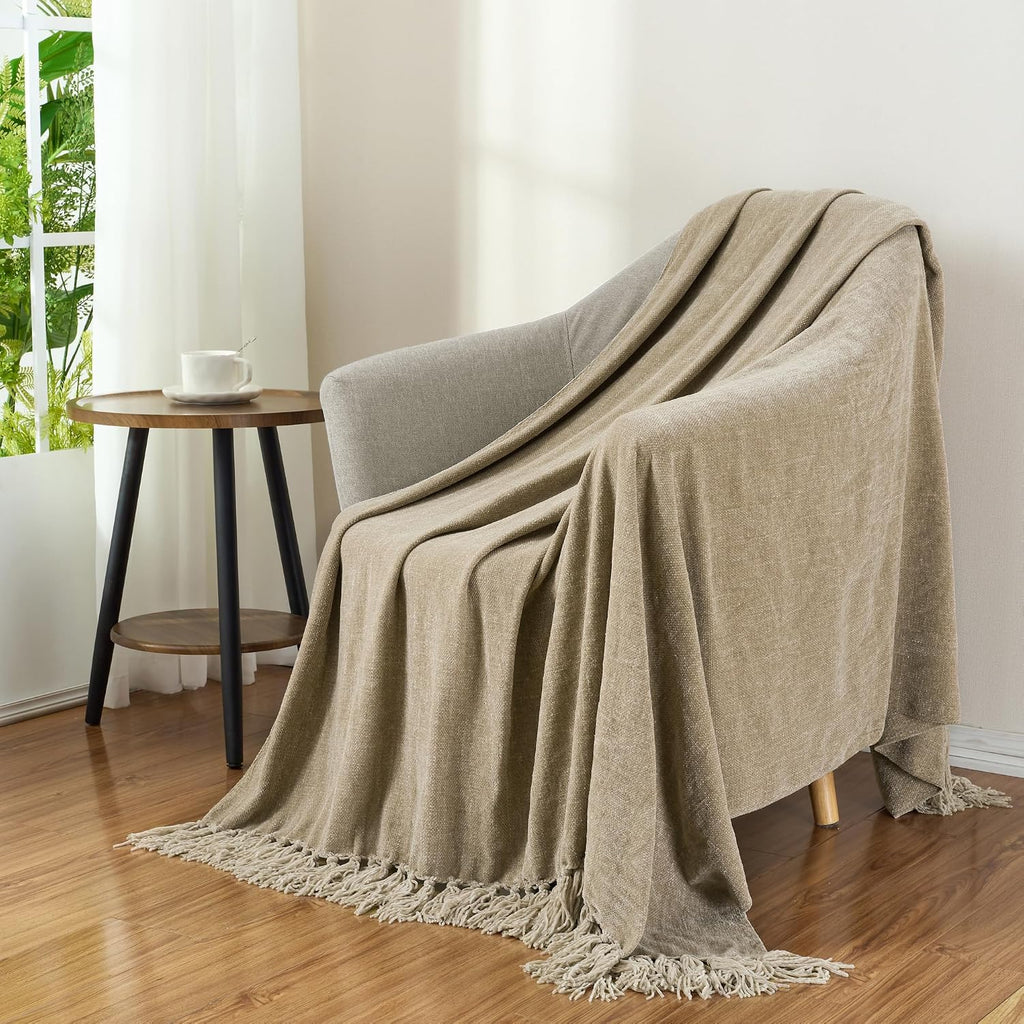 Chenille Throw Blanket,50"X60" Soft Cozy Lightweight Knitted Boho Decorative Blankets,Taupe