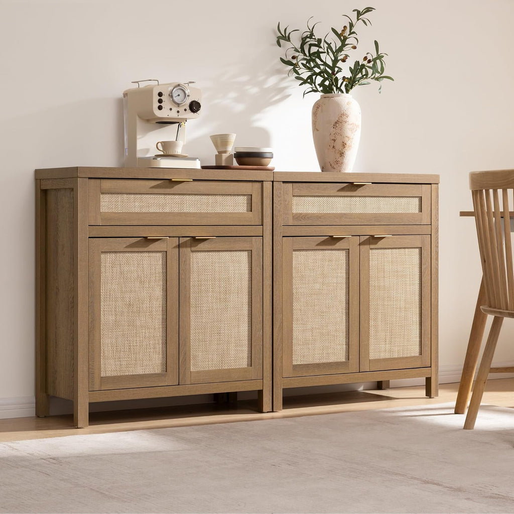 Sideboard Buffet Cabinet Set of 2, Rattan Credenza Storage Cabinet, Boho Buffet Table Console Cabinets with Drawer