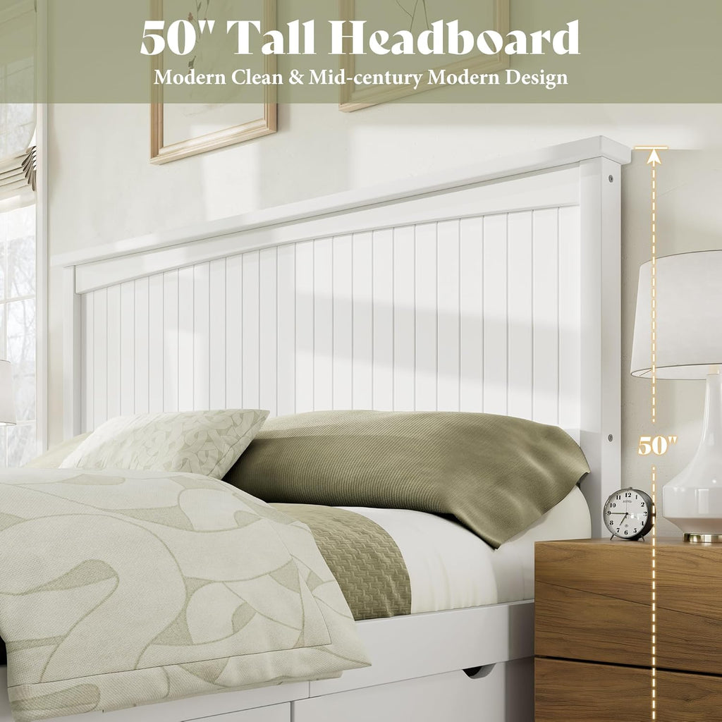 Solid Wood Full Storage Bed Frame with Headboard, Platform Bedframe with 2 Storage Drawers, Beadboard Design & Wooden