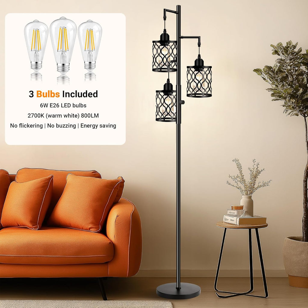 Dimmable Farmhouse Floor Lamp, Industrial Floor Lamp with 3 X 6W LED Bulbs, 3 Light Rustic Standing Tall Lamp, 68"