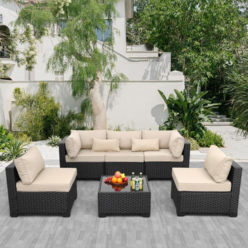 Patio Sectional 6 Pieces All-Weather Wicker Patio Furniture Set Outdoor Sectional with Glass Table Non-Slip Cushions