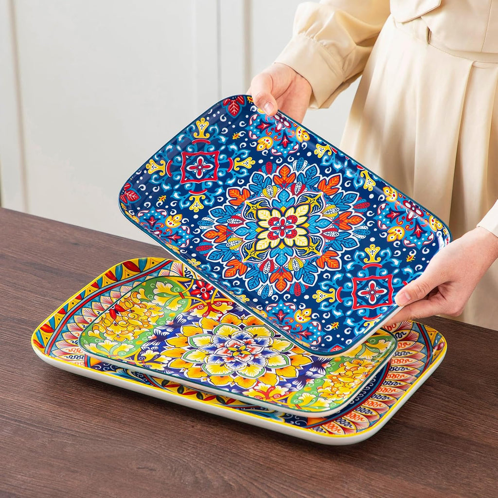 Serving Platters Set of 3, 16"/14"/12" In Rectangular Trays Retro | Ceramic Serving Dish for Entertaining Food