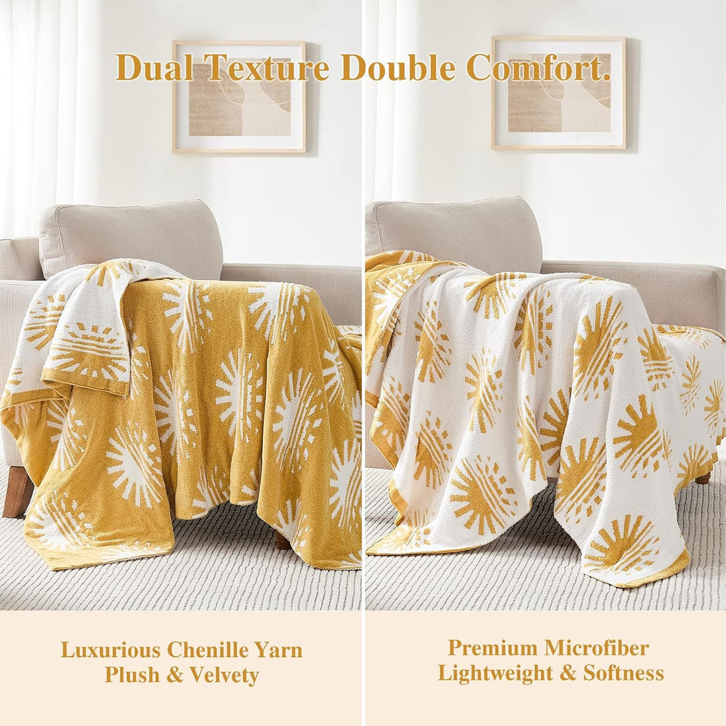 Throw Blanket, Chenille Microfiber Blankets, Soft Cozy Fluffy Warm Knitted Sunset Blanket, Chair, Reversible Fuzzy