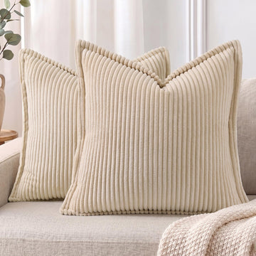 Corduroy Fall Decorative Throw Pillow Covers 22x22 Set of 2 Beige