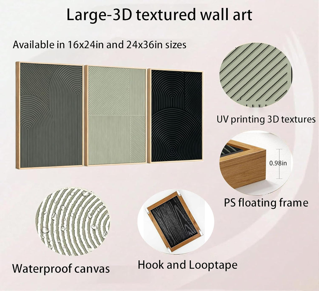 Framed-Large 3D Texture Wall Art Set of 3,UV Printing Neutral Line Canvas Prints,Minimalist Abstract Geometric