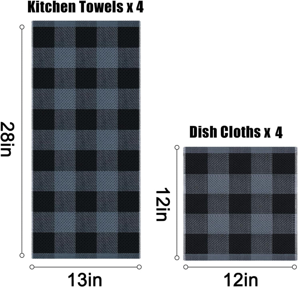 Kitchen Towels and Dishcloths Set, Set of 8, Black & Grey | Bulk Cotton Waffle Weave Check Plaid Kitchen Towels