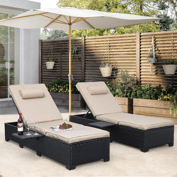 Outdoor Chaise Lounge Chairs for Outside Patio Furniture Set of 2 Wicker Recliner Black Rattan Sunbathing Lounger