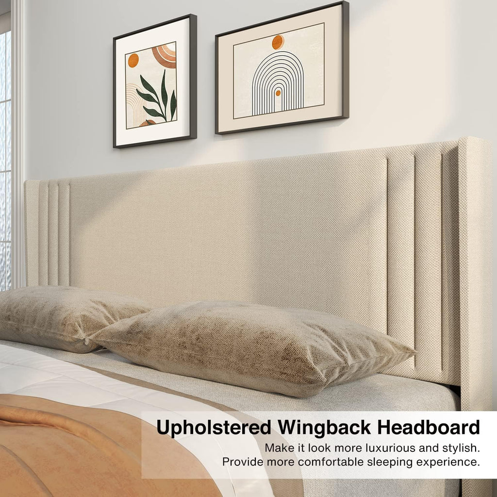 Queen Bed Frame with Wingback Headboard, Upholstered Platform Bed, Wooden Slats, Noise-Free, No Box Spring Needed