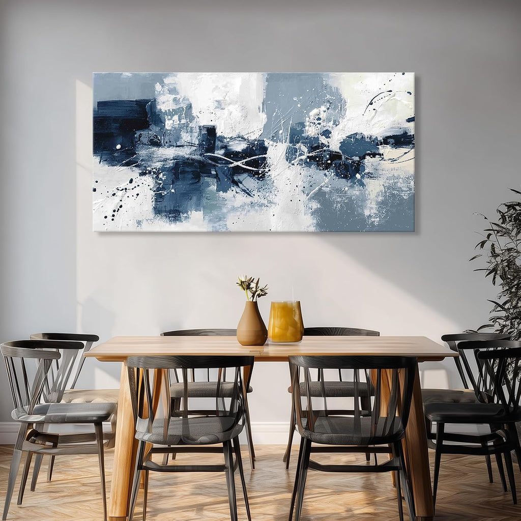 Large Navy Blue White Abstract Wall Art Modern Geometric Abstract Canvas Painting Prints Minimalist Artwork Dining