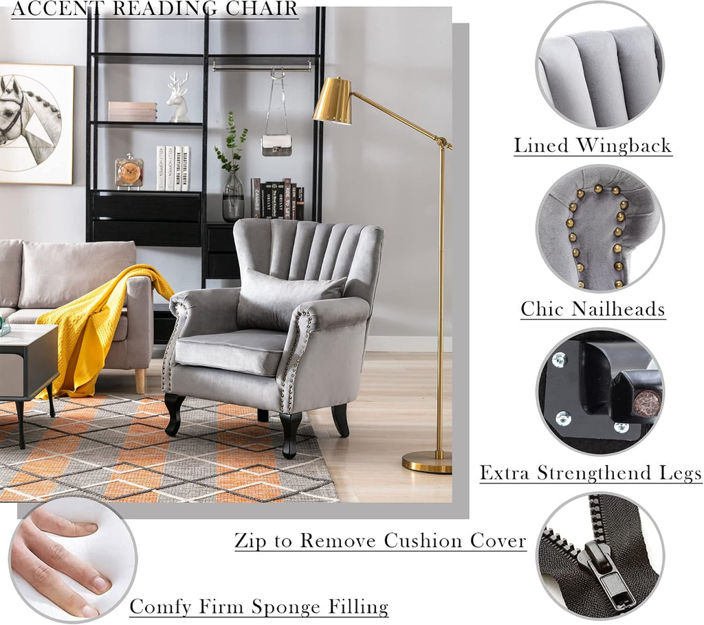 Mid Century Modern Accent Chair Upholstered Armchair Comfy Velvet Fabric Single Sofa with Lined Wingback for Small
