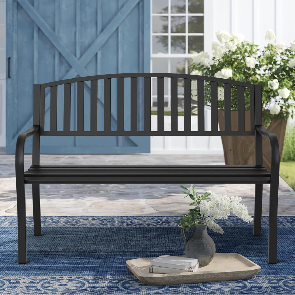 Outdoor Bench Garden Bench, Weatherproof Anti-Rust Heavy-Duty Outside Benches Clearance, Wrought Iron Metal Bench for