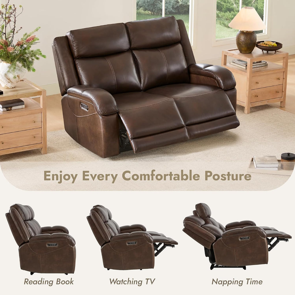 Genuine Leather Power Loveseat Recliner Sofa, 2 Seat Wall Hugger Reclining Sofa with Power Headrest & Charging Ports