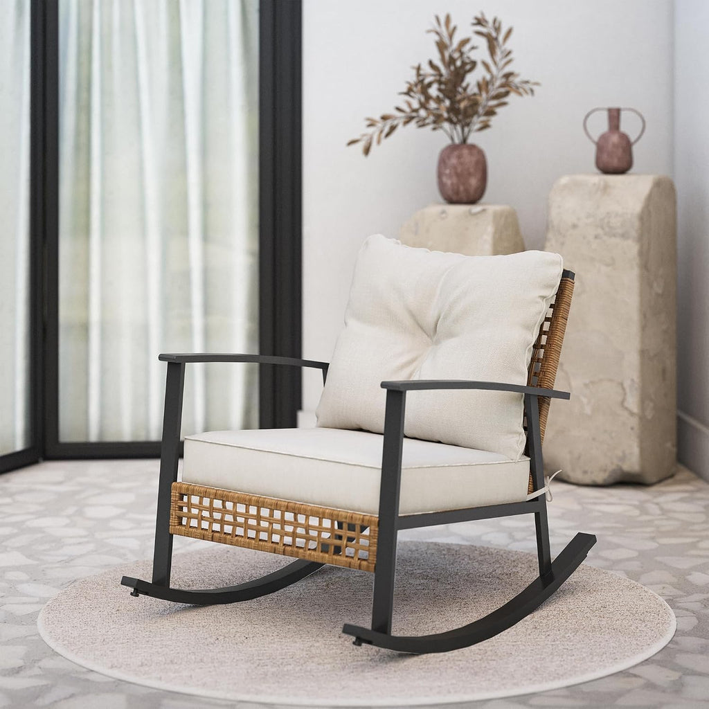 Outdoor Wicker Rocking Chair, Oversized Patio Chair Comfy Rocker Chair with Thick Cushion, Modern Cozy Lounge Chair