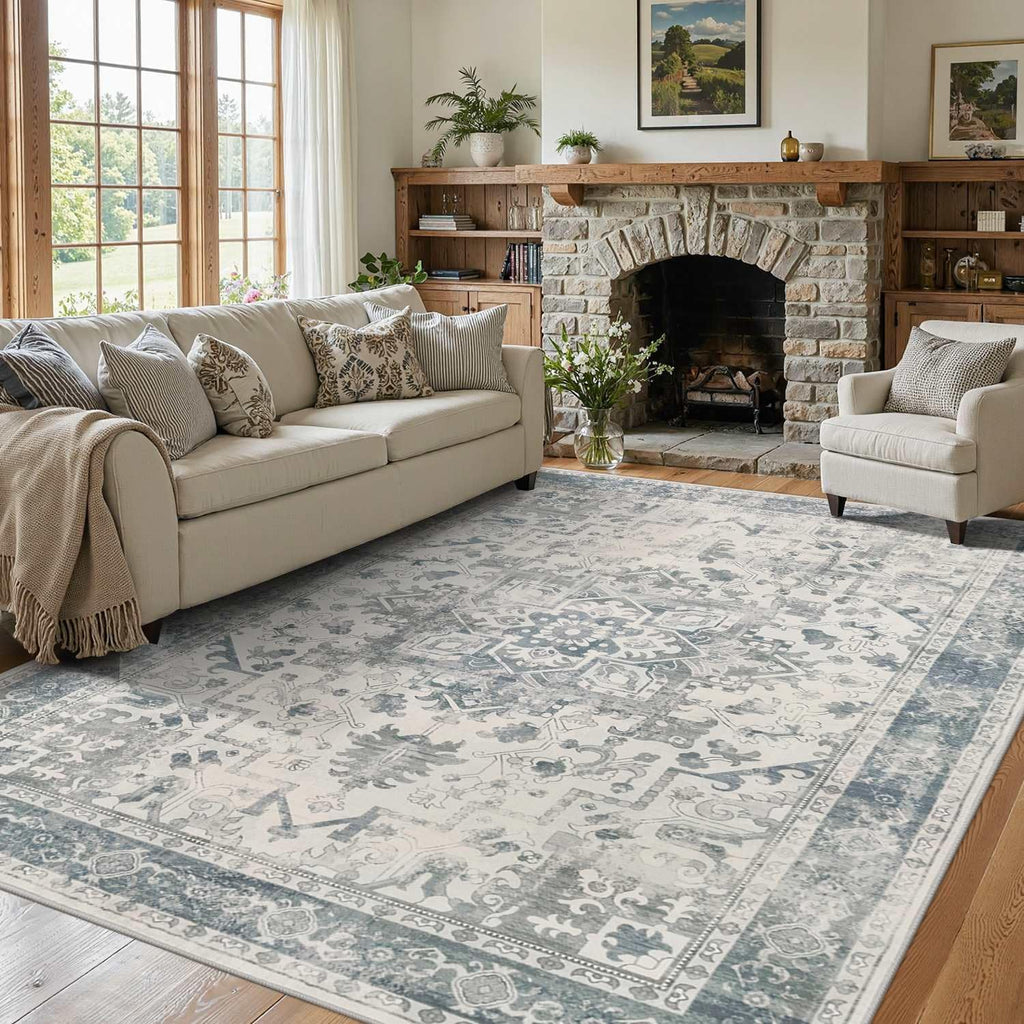 5x7 Washable Vintage Boho Area Rug, Low Pile Non-Slip Carpet Light Blue