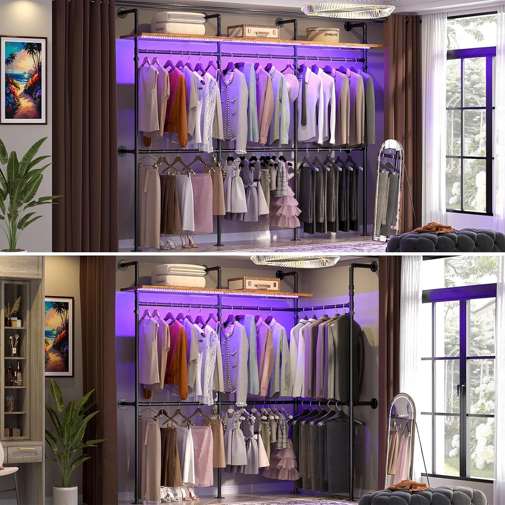 Industrial Pipe Clothing Rack, Reversible 118.3'' Clothes Rack for Hanging Clothes, Heavy Duty Garment Rack Closet