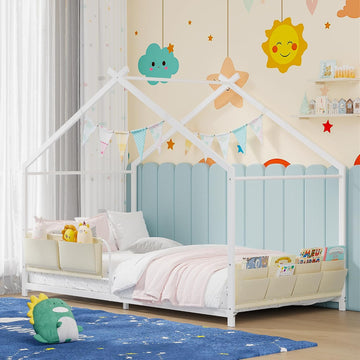 House Shape Twin Size Montessori House Bed Metal Floor Bed with Caddy | Twin Bedframe for Kids No Box Spring Needed