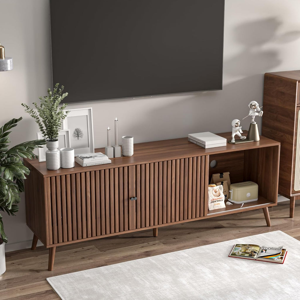 Mid Century Modern TV Stand for Televisions up to 70 Inches, with Sliding Doors and Storage, Television Stands, TV