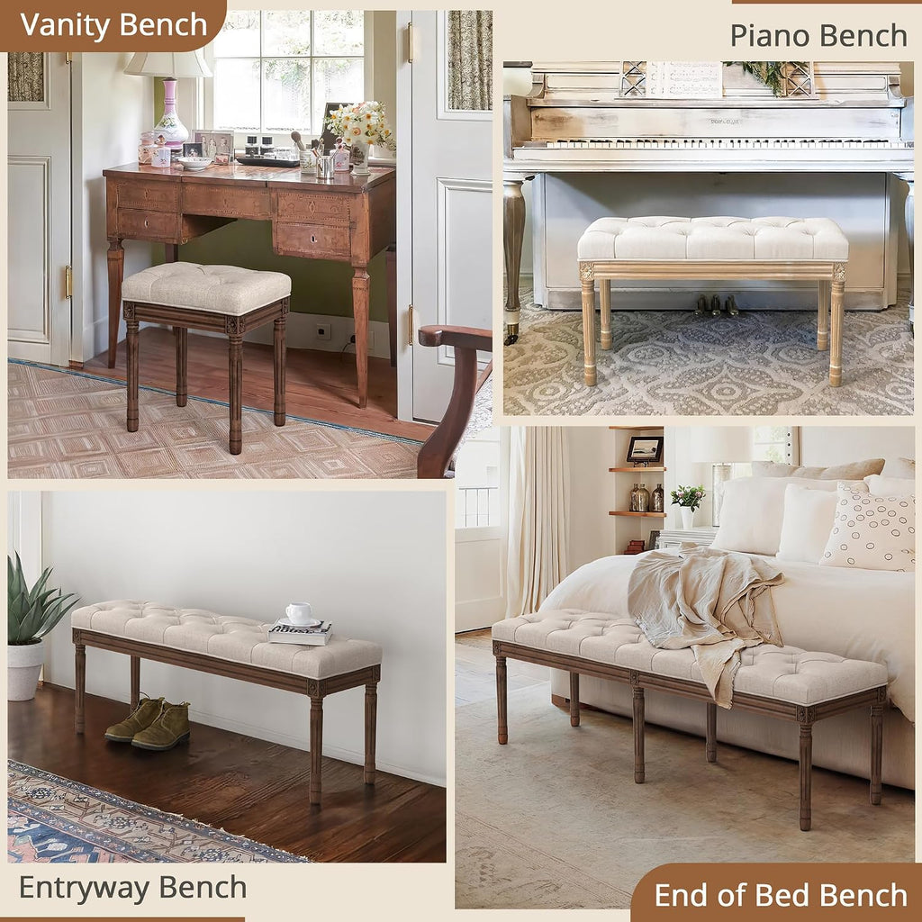 44" Bedroom Bench, Fabric End of Bed Bench, Upholstered French Tufted Ottoman Bench with Carved Dark Brown Wood Legs