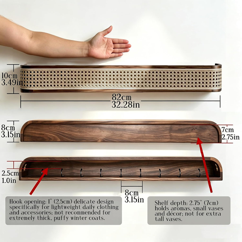Solid North American Black Walnut Wall Coat Rack with Shelf | Modern wooden entryway wall mount coat rack with rattan