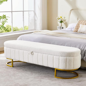 65" Curved Storage Ottoman Bench , Upholstered End of Bed Bench for King Size Bed, Oval Storage Bench with Gold Metal