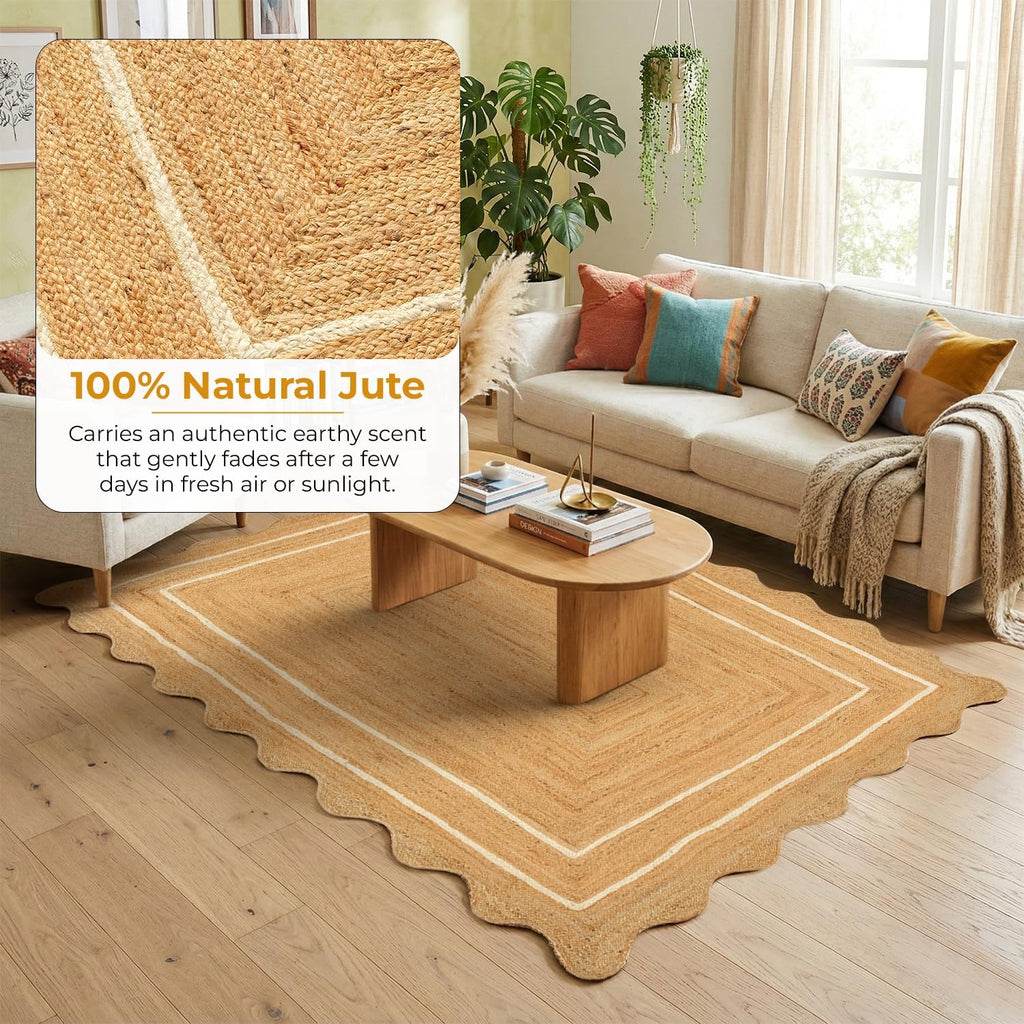 Jute Area Rug 9'x12' ft Wave Scalloped Natural Ivory Border Handwoven Boho Reversible Rustic Vintage Farmhouse Soft