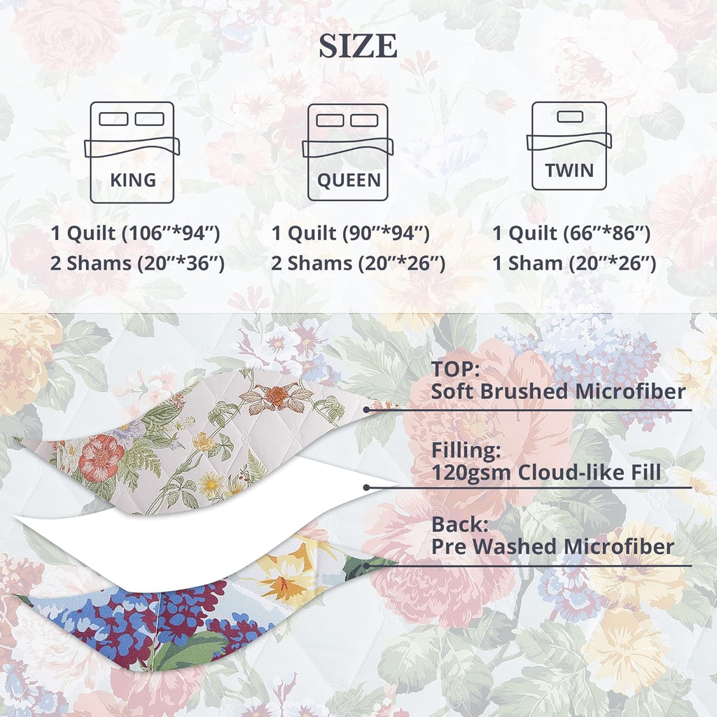 Floral Quilt Set, 3 Piece Reversible Lightweight Soft Bedspread Coverlet, Garden Farmhouse Botanical Diamond