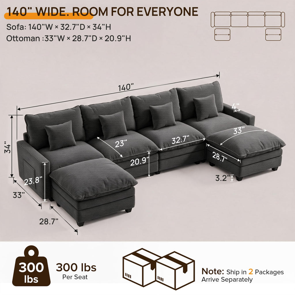 140" Modular Sectional Sofa, U Shaped Deep Seat Cloud Couch