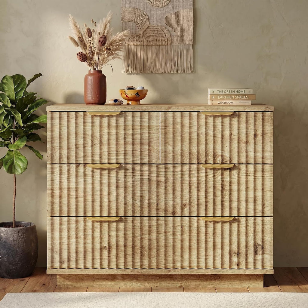 Oversized Fluted Night Stand with Drawers, Natural Wood Grain Bedside Table with 4 Extra Deep Drawers & Gold Metal