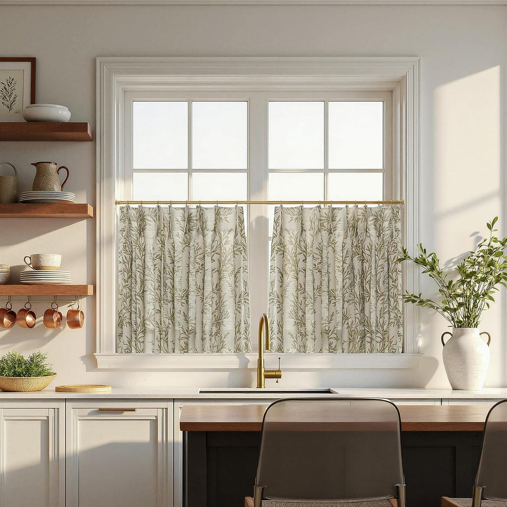 Pinch Pleat Leaf Print Cafe Curtains, Stone, 26W x 45L