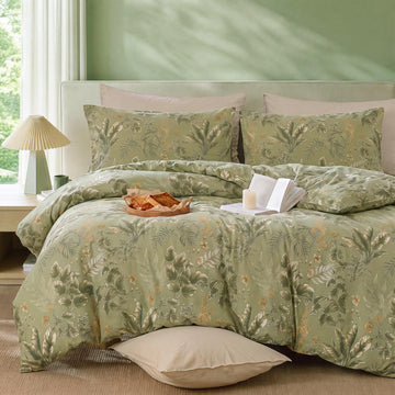 100% Cotton Duvet Cover - Sage Green Floral Bedding Set Botanical Garden Comforter Cover 3 Pcs Farmhouse