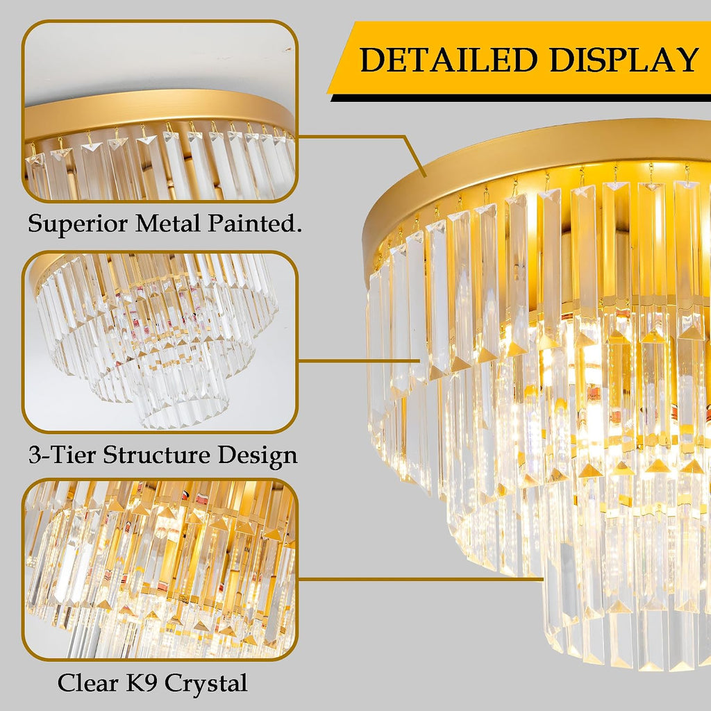 Gold Crystal Ceiling Light 17" Luxury K9 Crystal Dining Room Light 3-Tiers Modern Flush Mount Ceiling Light 4-Lights