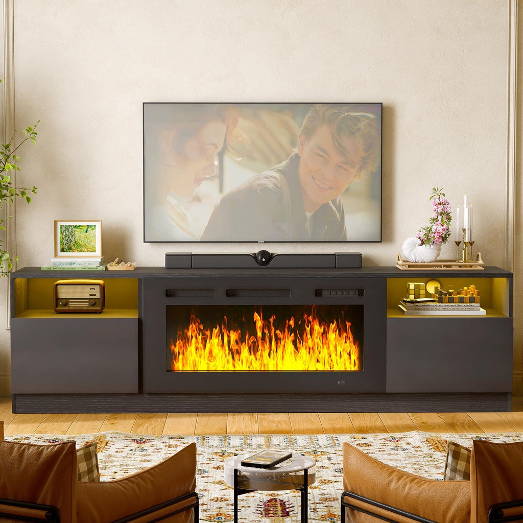 80" Fireplace TV Stand for TVs Up to 90", LED Light Entertainment Center with 36" Electric Fireplace, Modern Wood