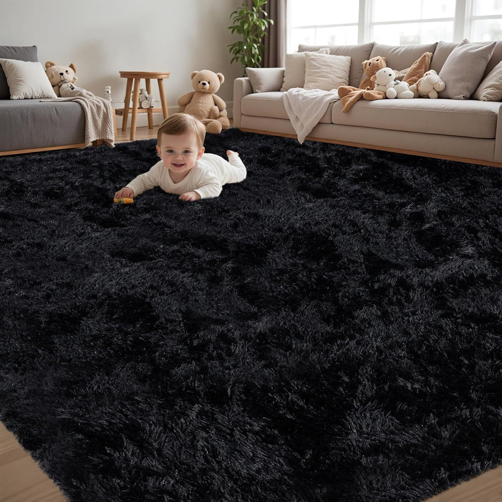 8x10 Black Shag Area Rug, Ultra Soft Fluffy Washable Non-Slip Plush Carpet for Bedroom Nursery
