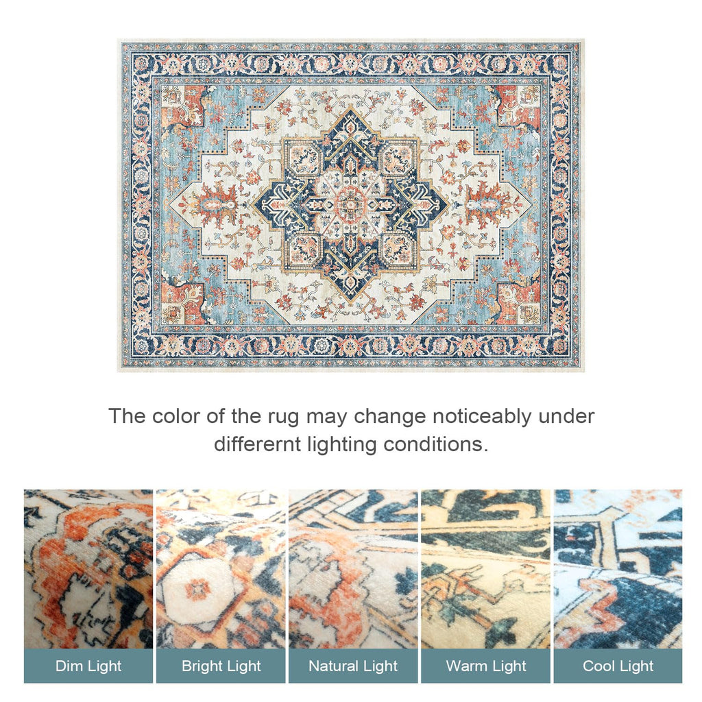 Washable Rugs 8x10, Blue and Orange Vintage Carpet