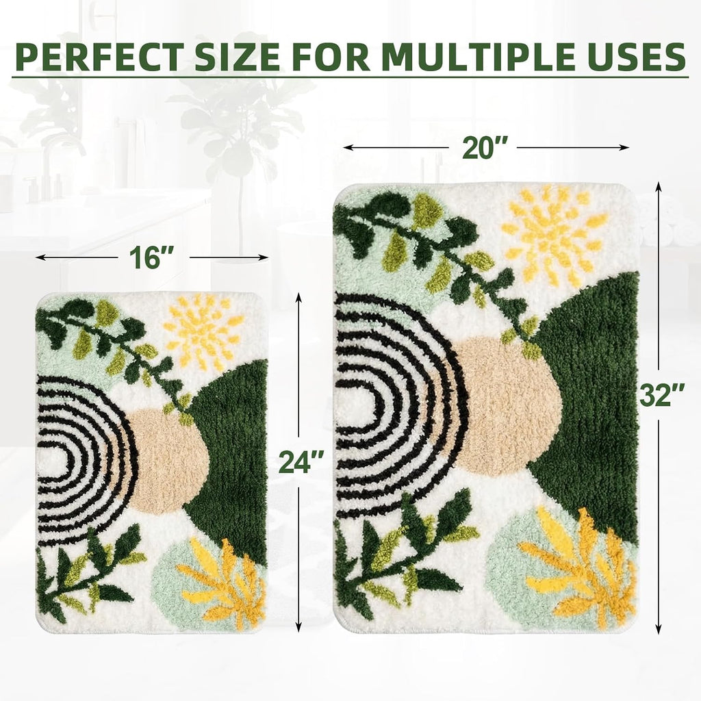 Boho Abstract Gold Plant Bathroom Rug Set 2 Piece Fluffy Microfiber Non-Slip Water Absorbent Bath Mat Soft Washable