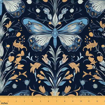 Butterfly Fabric by The Yard, Retro Botanical Aesthetic Soft Polyester Fabric, Rustic Farmhouse No Stretch Fabrics, Blue