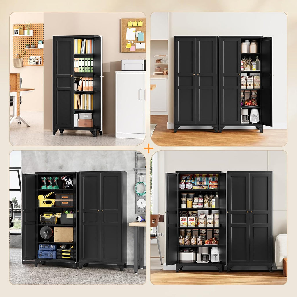Metal Pantry Cabinet,Tall Kitchen Pantry Storage Cabinet with Doors and Adjustable Shelves - 61" Black Cupboard