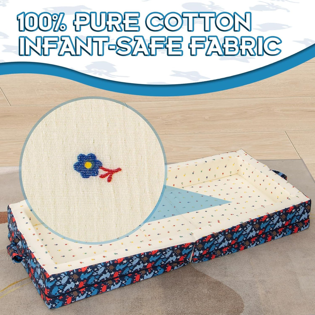 100% Cotton Lining Portable Foldable Toddler Travel Bed - Soft Foam Floor Bed with Washable Cover, Safe and